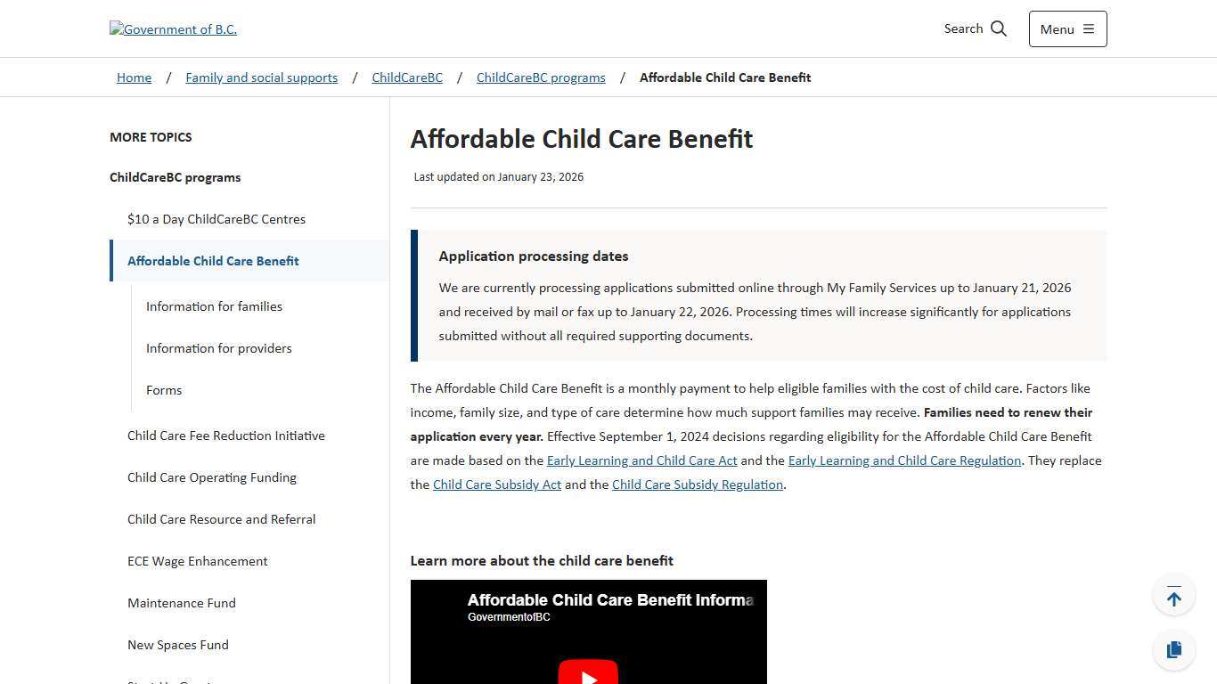Affordable Child Care Benefit - Province of British Columbia